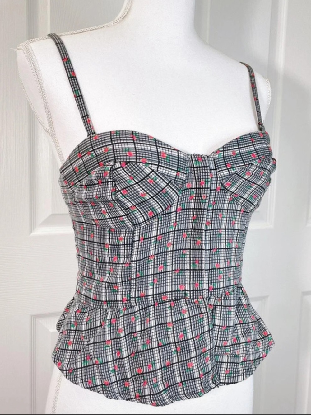 Floral Plaid Peplum Cami Top - Pink Floral